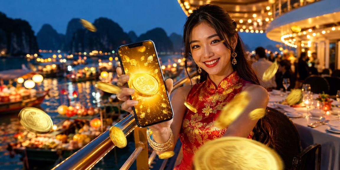 Người dùng trải nghiệm casino di động trong không khí lễ hội tại vịnh Hạ Long